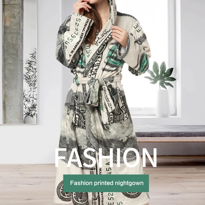 

Unisex Thick Flannel Hooded Bathrobe Open Front Belted US Dollar Print Nightgown T8NB