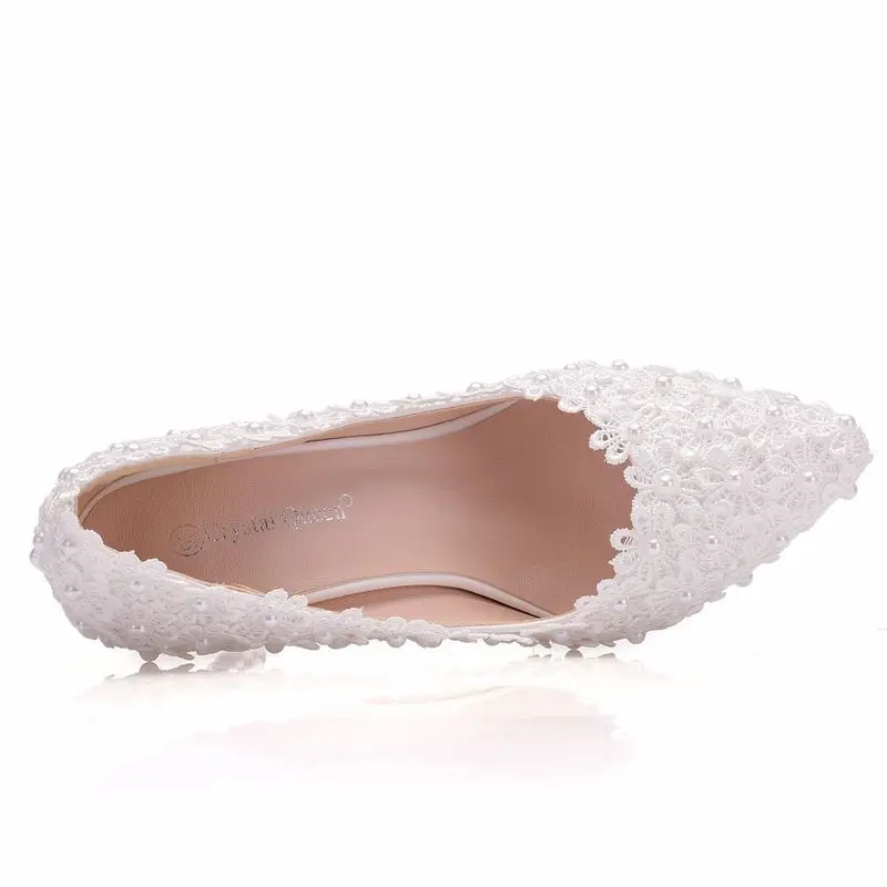 Fashion women thin high heels sexy party shoes women pumps wedding banquet Lace PU Rhinestones Slip On 9.5CM Pointed Toe white