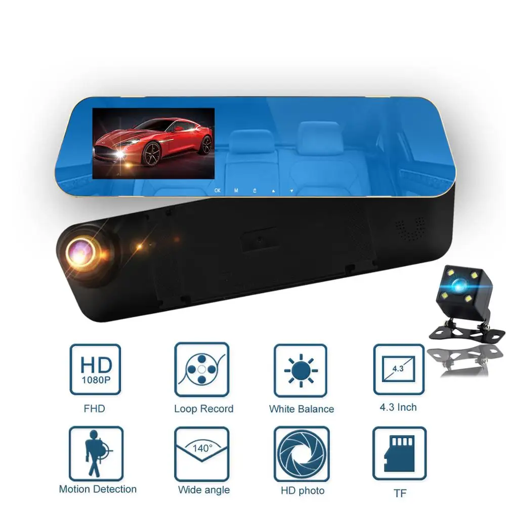 Автомобильный видеорегистратор с двумя объективами 4 3 дюйма 1080P автомобильная