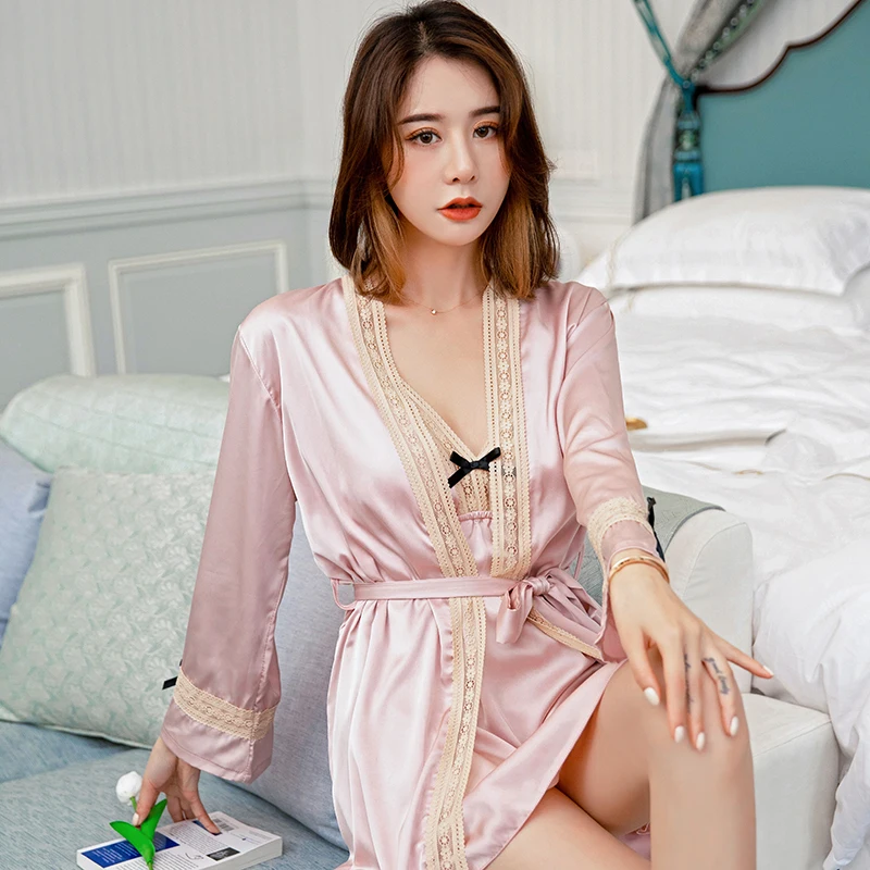 

Women Pajamas 2 Pieces Pajama Sets Satin Sleepwear Pijama Silk Home Wear Clothing Sexy Lace Sleep Lounge Pyjamas with Chest Pads