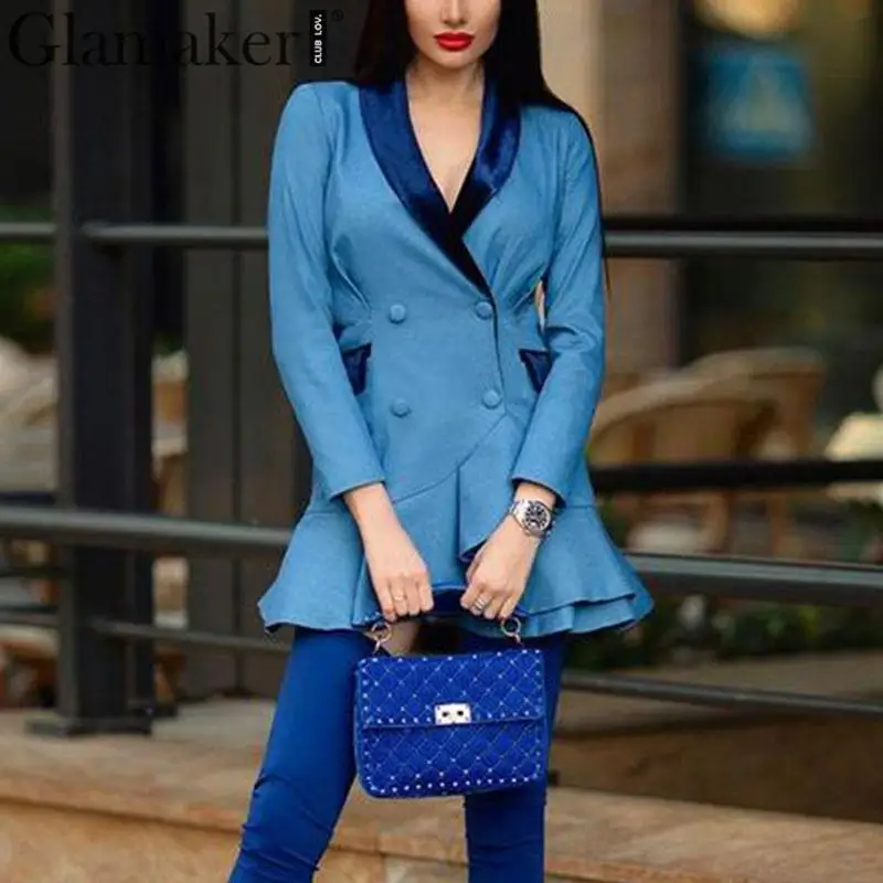 Glamaker, Осеннее винтажное платье-Блейзер, женское лоскутное сатиновое Королевское синее зимнее сексуальное платье, Ретро стиль, с рюшами, короткое вечернее платье, vestidos