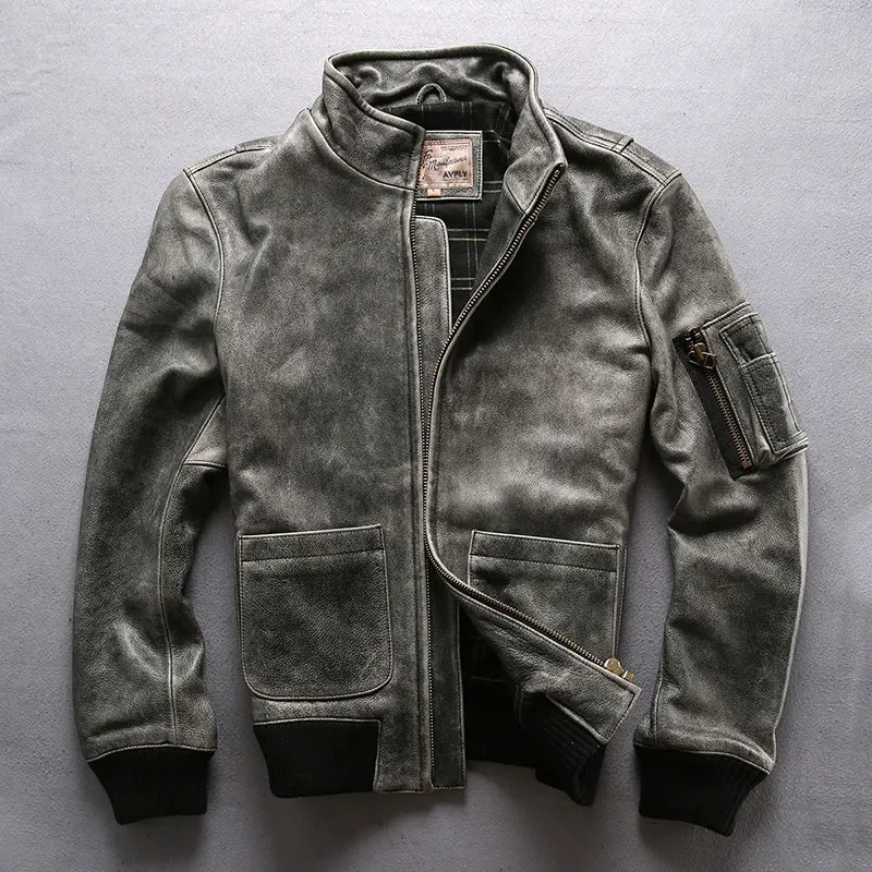 

Genuine Cowhide Jacket Men'sTop Layer Cowhide Washed Distressed Stand-up Collar Motorcycle Leather Coat