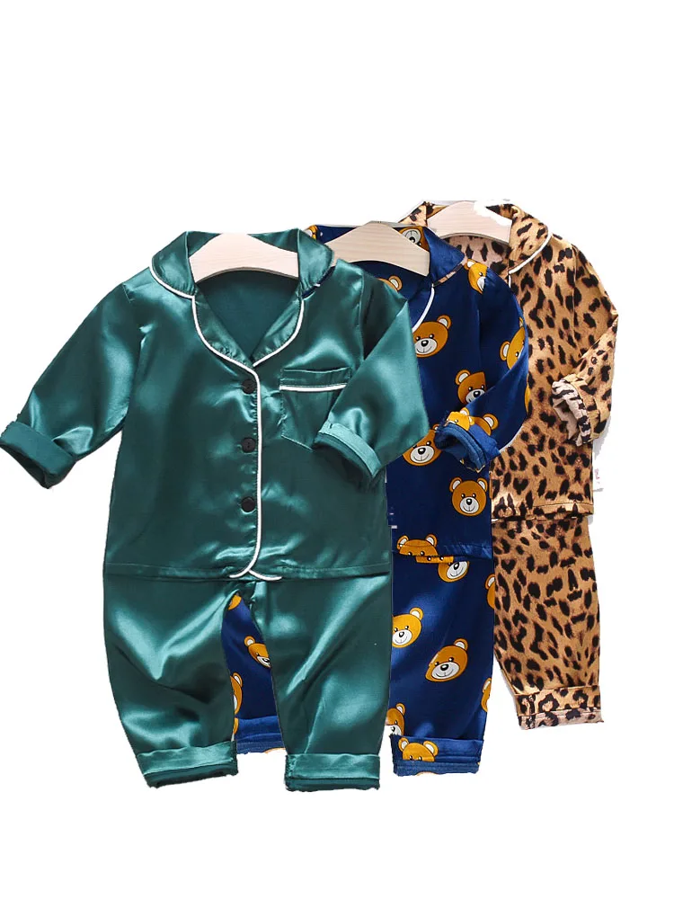 Children Pajamas Set Baby Suit Kids Clothes Toddler Boys Girls Clothing Ice Silk Satin Tops  Shirts Pants  Home Kids PAJAMA