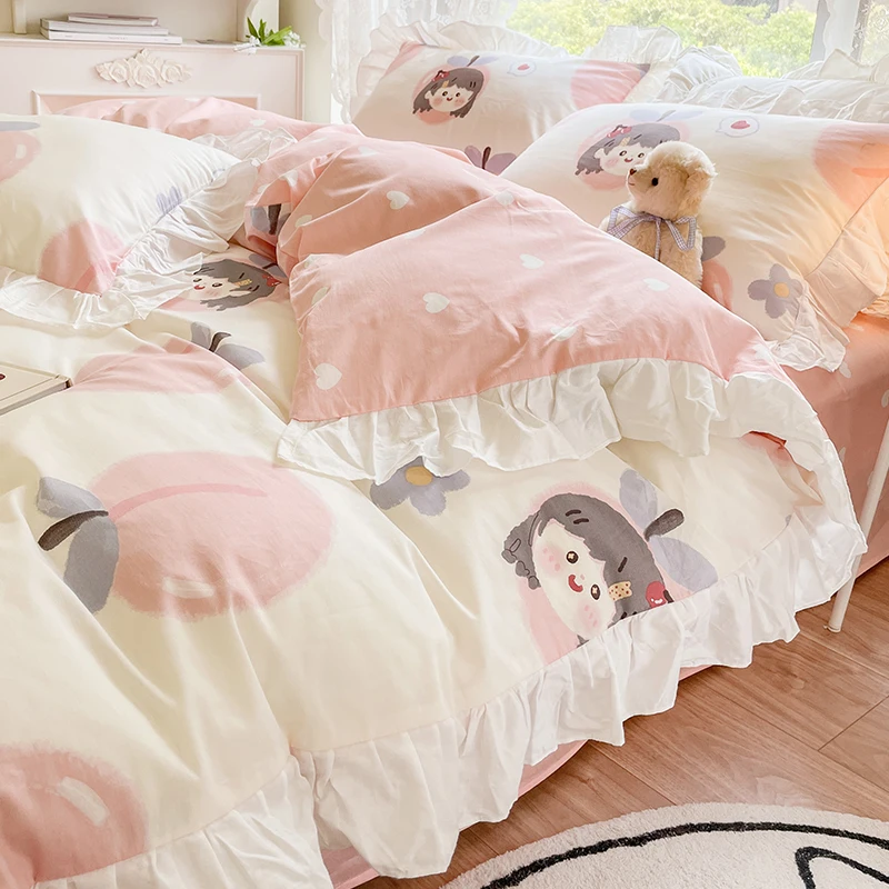

Princess Style Ins Cotton Bed Four-Piece Set 100 Cotton Korean Style Student Duvet Cover Dormitory Bed Single 3 PCs Set Women