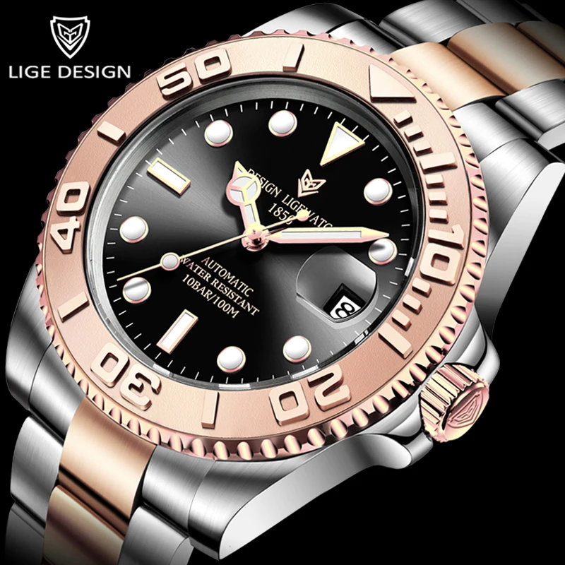LIGE модные часы из нержавеющей стали водонепроницаемые Мужские автоматические