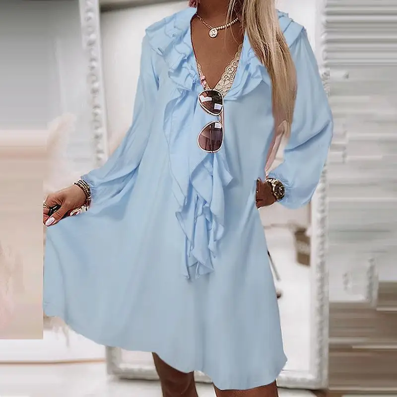 

Women Long Sleeve V Neck Solid Sundress ZANZEA Spring Bohemian Ruffles Holiday Dress Robe Femme Elegant Party Vestidos Kaftan