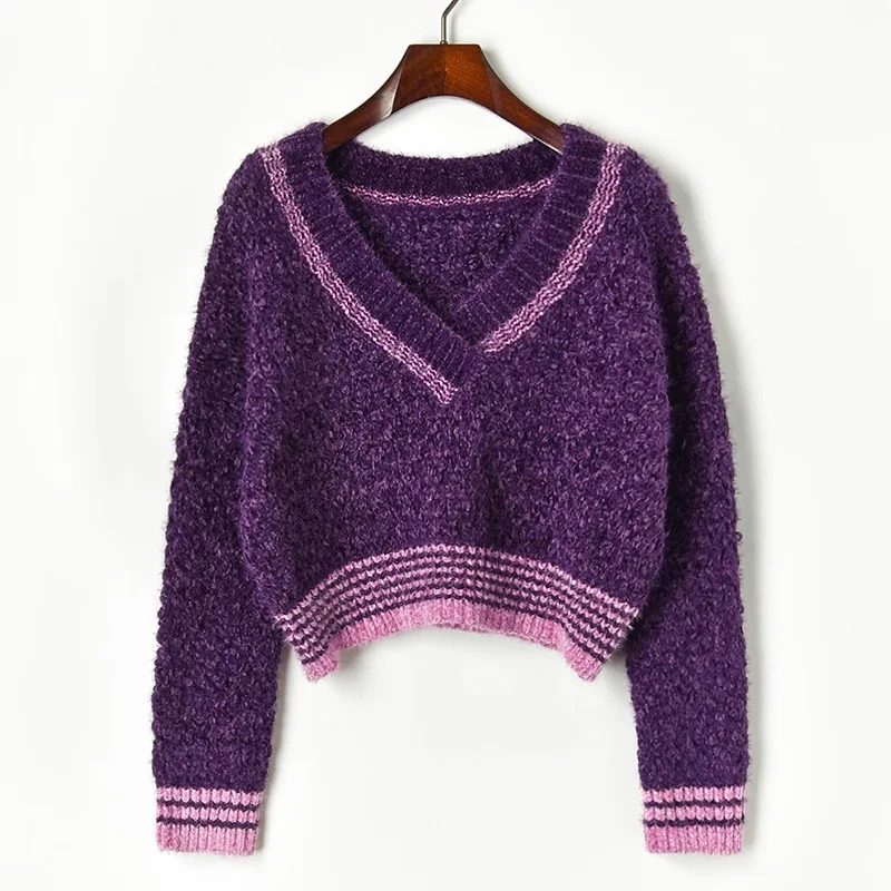 

Spring Autumn Hit Color Hollow V-neck Loose Short Knitted Sweater Pullover Women's Tops Long Sleeve Sueter Mujer T90933