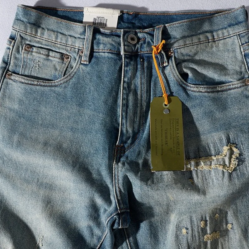 Autumn and Winter Thick Stretch Jeans Men 's Cloth Patch Nostalgic Straight -Leg Denim Trousers