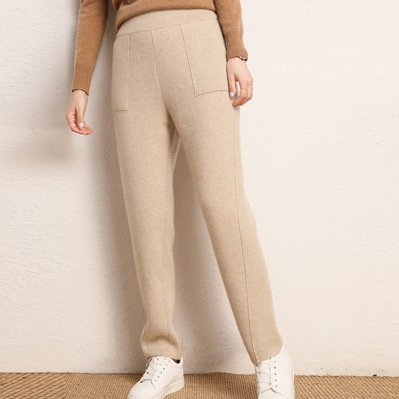 Women Pants 2023 New Autumn and Winter Soft Comfortable High-Waist 100% Pure Cashmere Knitted Pants Female Elastic 7Color Cas