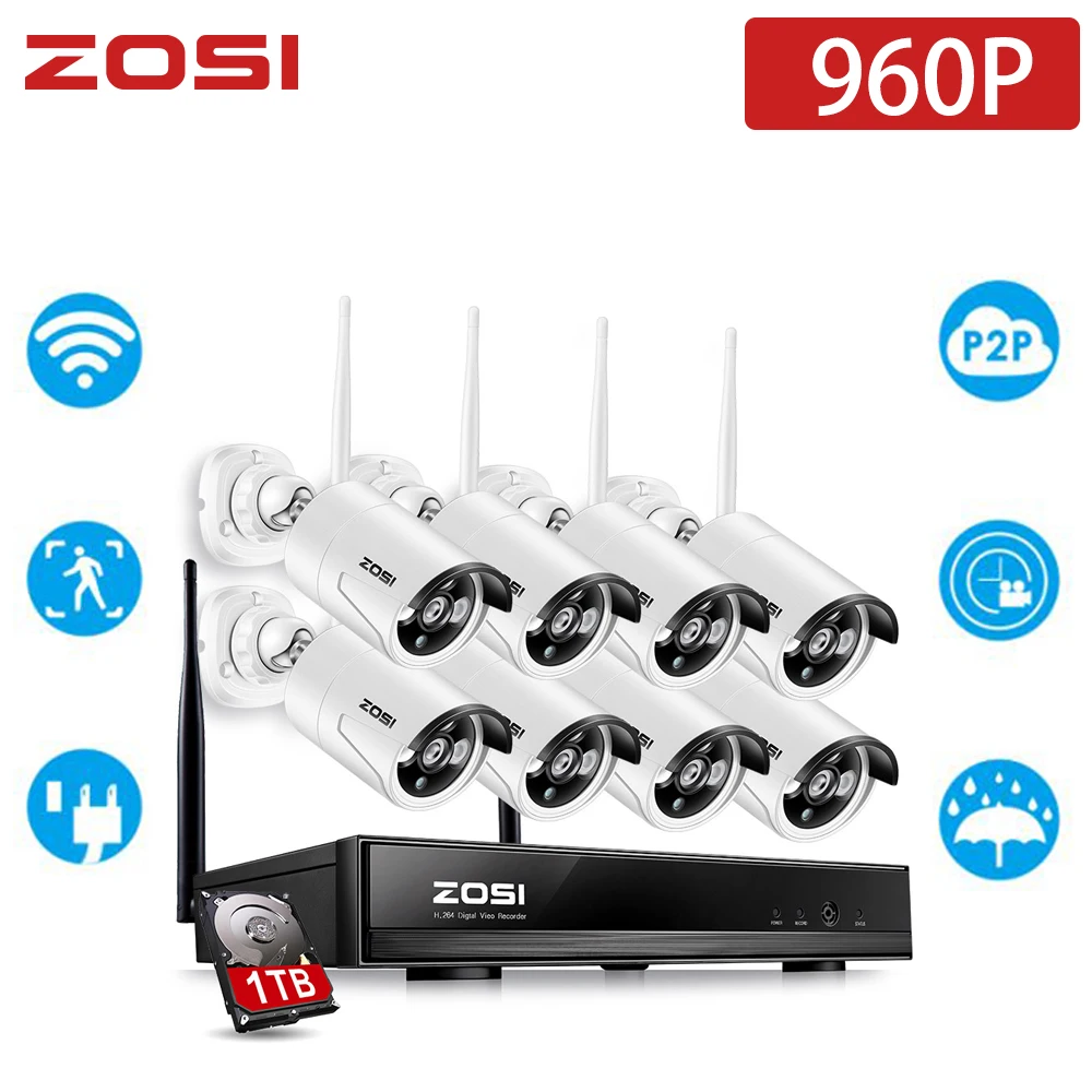ZOSI 960P 8 канальный беспроводной WiFi IP Водонепроницаемый ИК фильтр ночного видения 8 шт CCTV камера система NVR комплект HDD