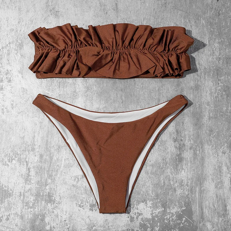 

Brown V-neck Sexy Bikini Swimsuit Swimsuit Strapless Padded Bra Hollow High Waist Swimsuit Female Beach Swimsuit Bikini