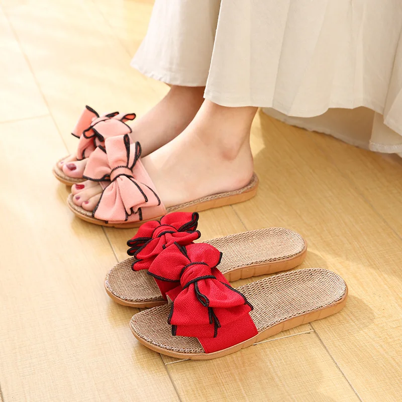 Slippers Women Floor Non Slip Office Cool Slippers Home Lovely Bow Tie Linen Slippers  Mules Shoes Women