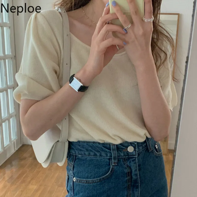 Футболка Neploe Женская трикотажная однотонный топ с круглым вырезом и коротким