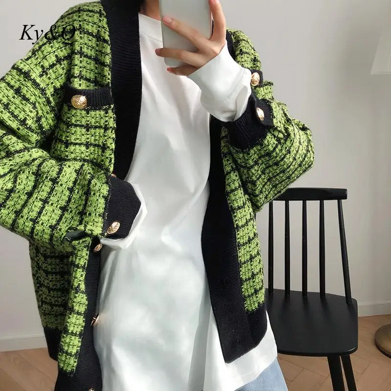 Brand Design 2020 New Women Plaid Fashion Knit Cardigan Loose Luxury Vintage Two Pockets Sweater Winter Chic Clothes Tops |