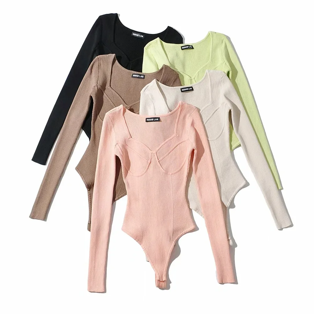 Autumn Winter One Piece Women Fashion Knitted V Neck Long Sleeve Black White Green Pink Brown Top Bodysuit Bodycon Jumpsuit