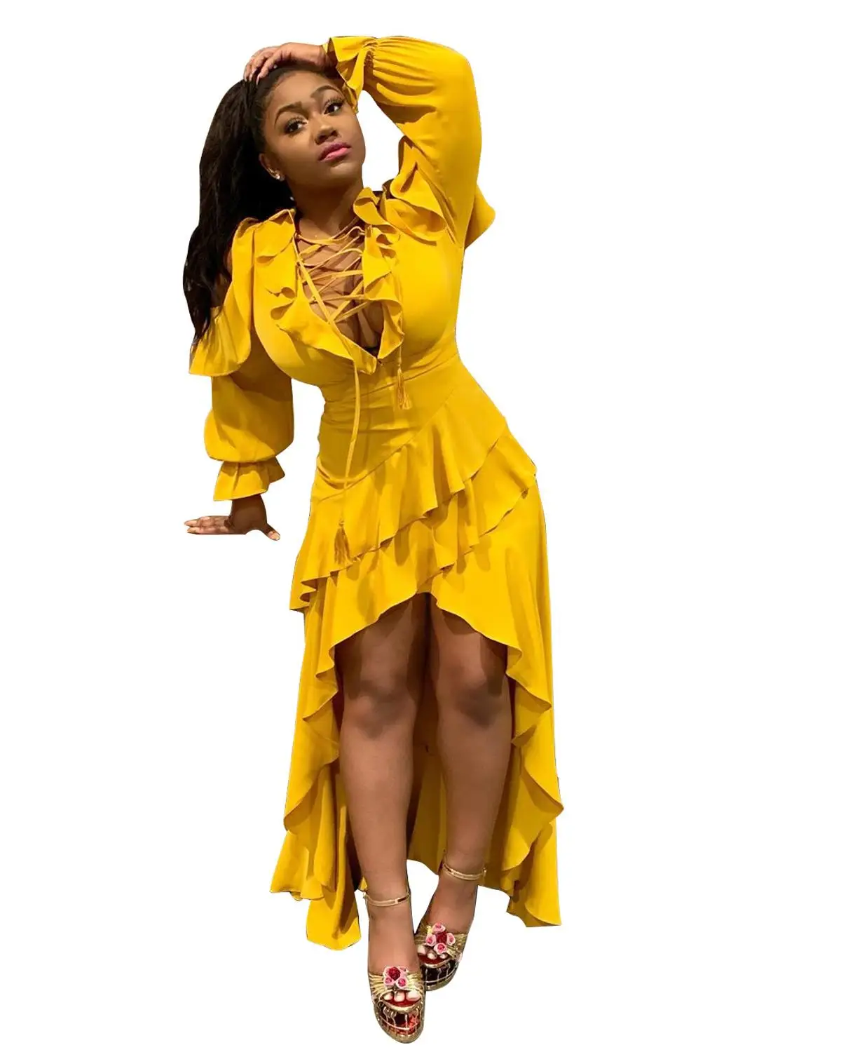 Каскадные оборки сексуальное асимметричное Бандажное платье женское кружевное