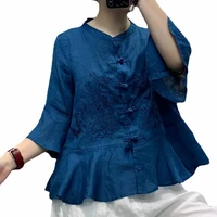 2021 summer pure ramie round neck blouse womens lotus sleeve embroidered short shirts coil button linen tops for female