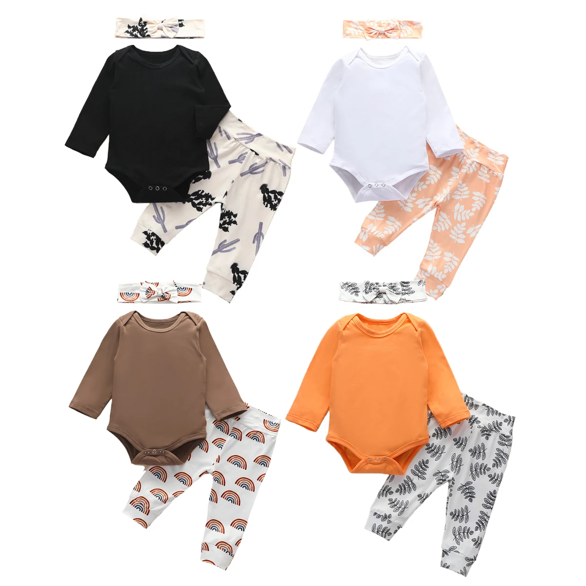 

pudcoco Infant Long-sleeved Romper+ Trousers+ Hairband Cute Print Cactus Concealed Bottom Button Spring Autumn Clothing 0-24M