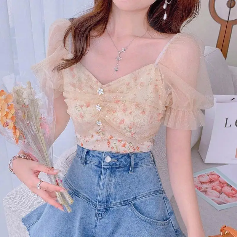 

Blusa de estilo coreano con encaje Floral para verano, camisa de encaje francs con botones para mujer, cuello en V, 2021