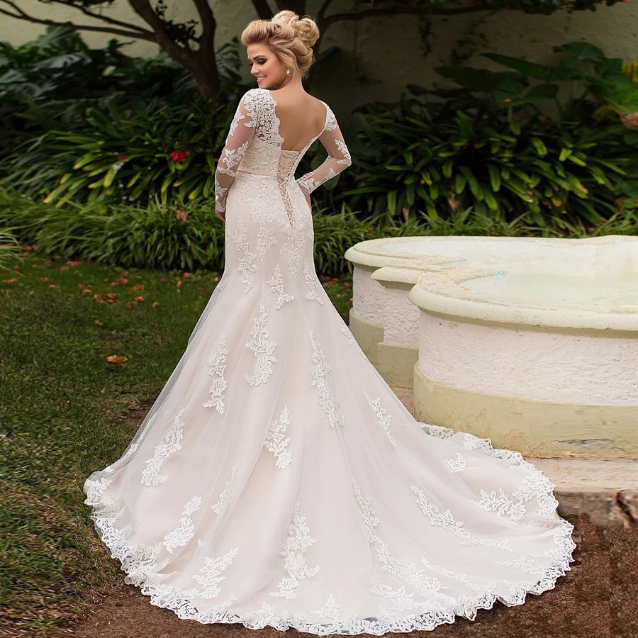 

Elegant Long Sleeves Princess Bride Dress Lace-up Backless Mermaid Wedding Dresses Appliques Lace Wedding Gown Vestidos De Novia