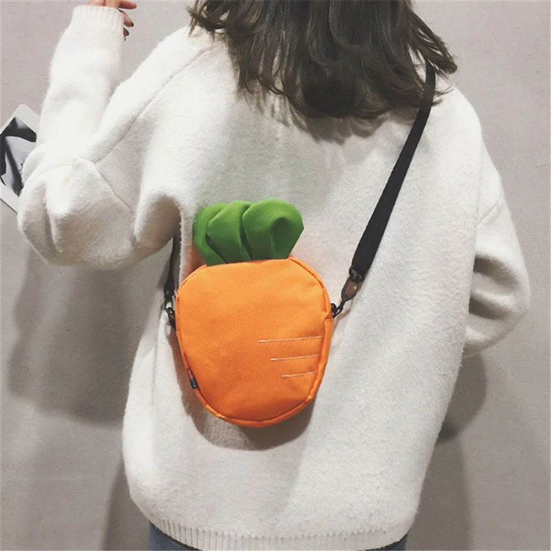 

Ladies Cute Carrot Bag Lovely Canvas Shoulder Bag Radish Shape Crossbody Bag Small Casual Cartoon Bag For Girl