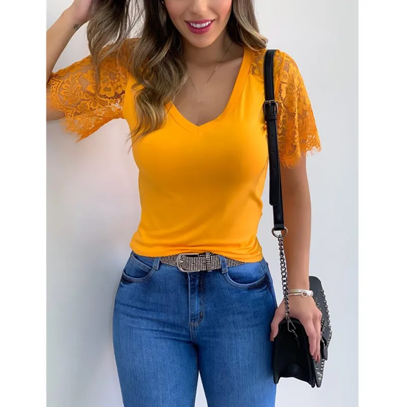 

Fashion Sexy Embroidery Lace Short Sleeve Shirt Spring Summer V-Neck Blouse Shirts Solid Casual Women Tops Blusa Streetwear