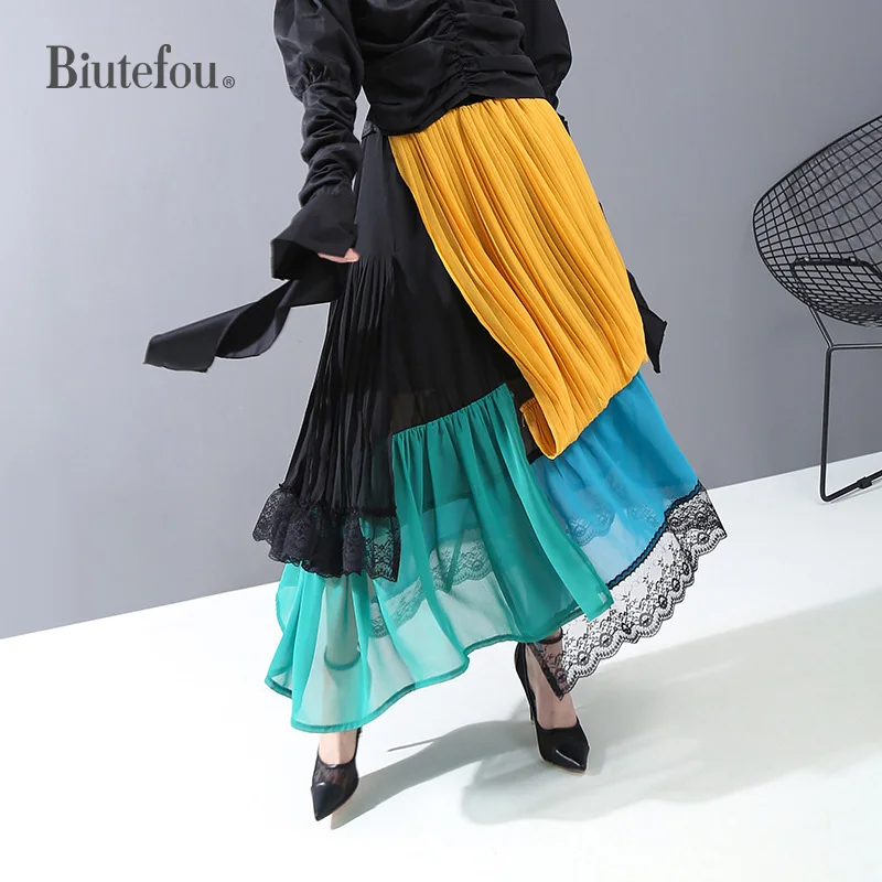 Весна-Осень 2020 юбки с оборками модные кружевные лоскутные женские | Женская