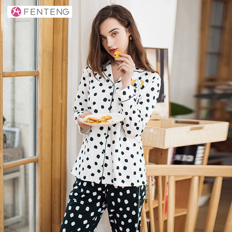 FENTENG весенний хлопковый женский костюм-кардиган пижама с длинными рукавами