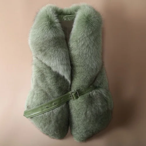 dark green OFTBUY жилет из натурального Лисьего меха Повседневная женская зимняя безрукавка v-образный вырез пальто из натурального меха толстый теплый пояс уличная верхняя одежда - Цвет: dark green