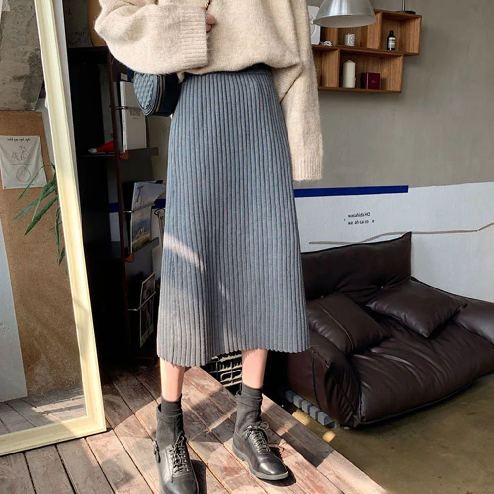

One-step skirt autumn and winter new Korean style mid-length retro skirt female Han Xian thin knitted A-line skirt pleated skirt