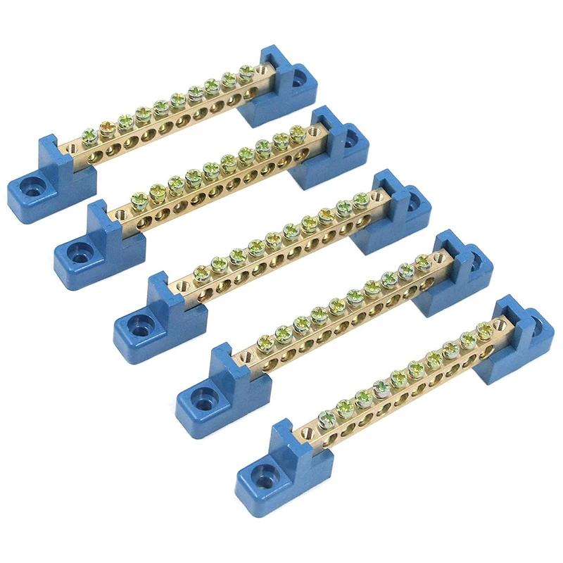 

AU42 -Terminal Block Blue Terminal Bus Bar 10 Positions Screw Brass Terminal Grounding Strip Bus Bar Block Pack of 5