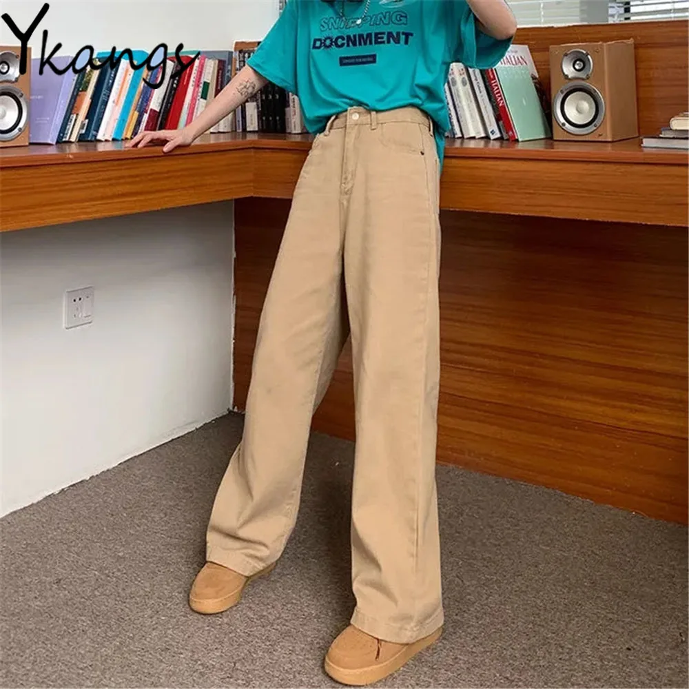 

Khaki High Waist Solid Color Wide Leg Denim Pants Women'S Fashion Jeans Harajuku Button Loose Vintage Streetwear Classic Trouser