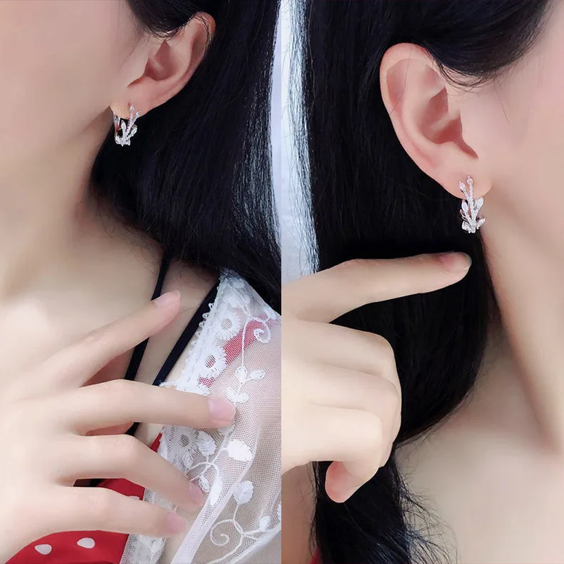 

Trendy Cubic Zircon Silver plating Leaf Plant Hoop Earrings High Quality Crytal Fashion Earrings For Women Korean Jewelry 2021