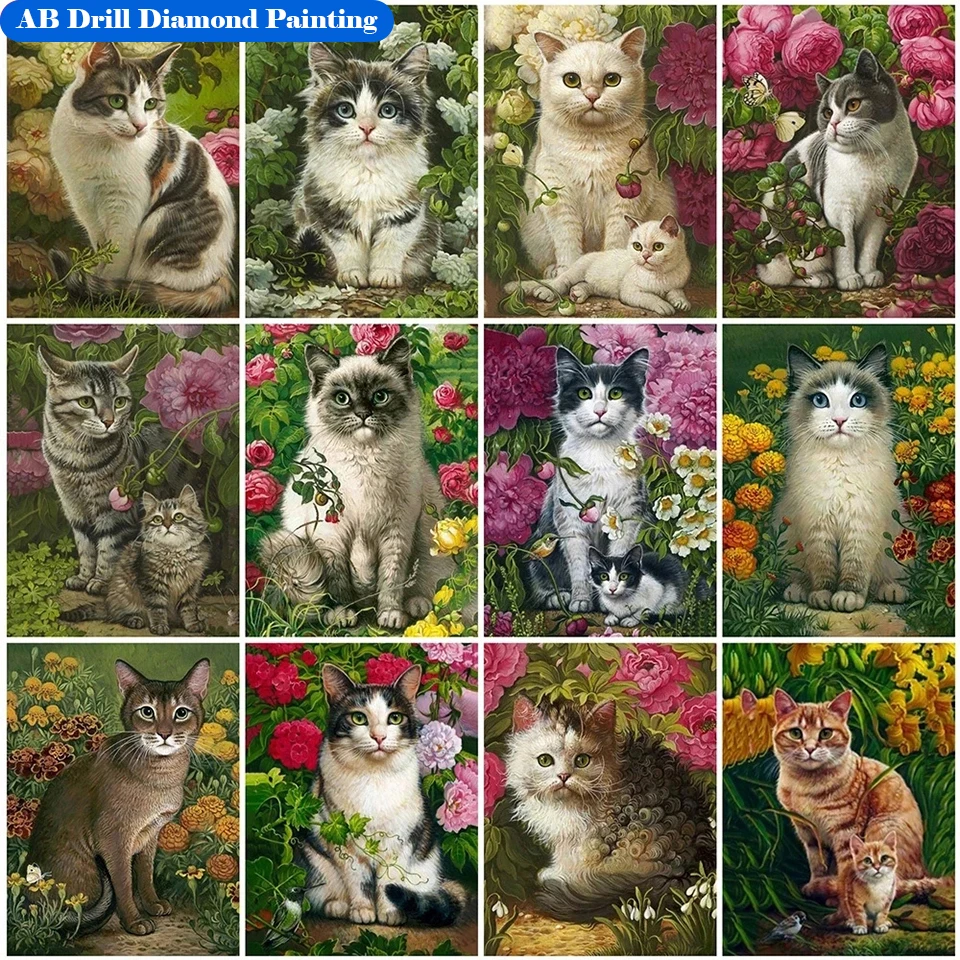 AB Diamond Embroidery Cat Flower Full Square/Round 5D DIY Cross Stitch Kits Diamond Painting Animal Pattern Home Decor Gifts