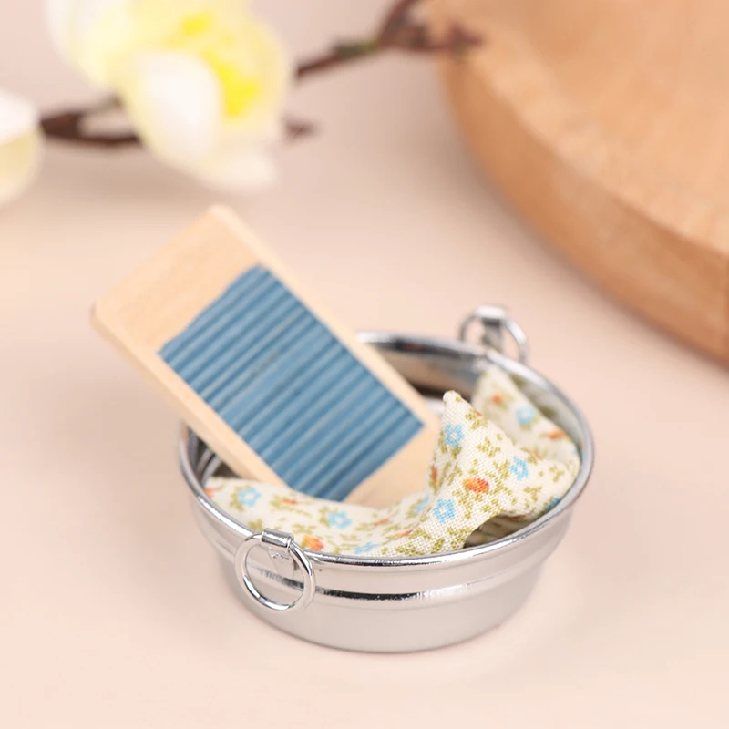

3Pcs/Set 1:12 Dollhouse Miniatures Metal Washtub With Washboard Home Furniture Accs