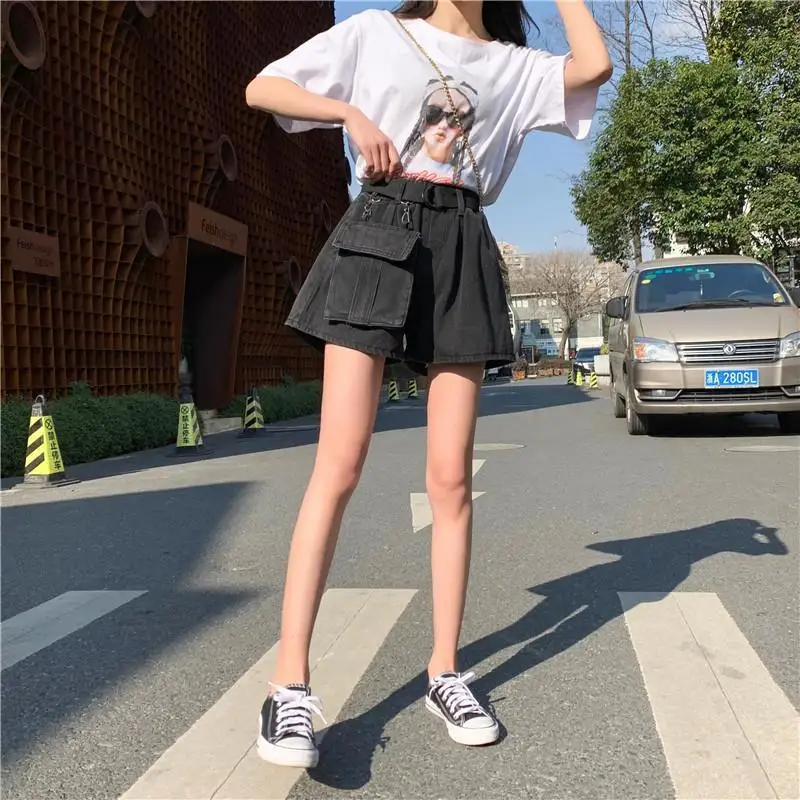 

Summer Elastic High Waist with Belt Casual Loose Plus Size 5XL Denim Shorts Women Black Jean Large Pockets Boots Shorts Femme