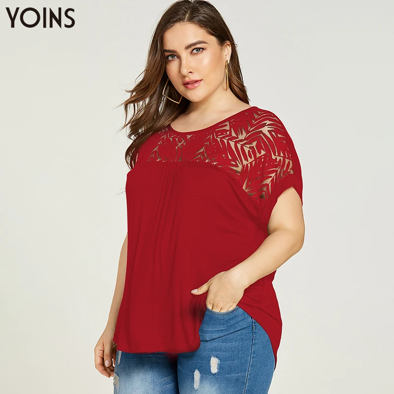 Женская кружевная блузка YOINS Повседневная Блузка с коротким рукавом и круглым