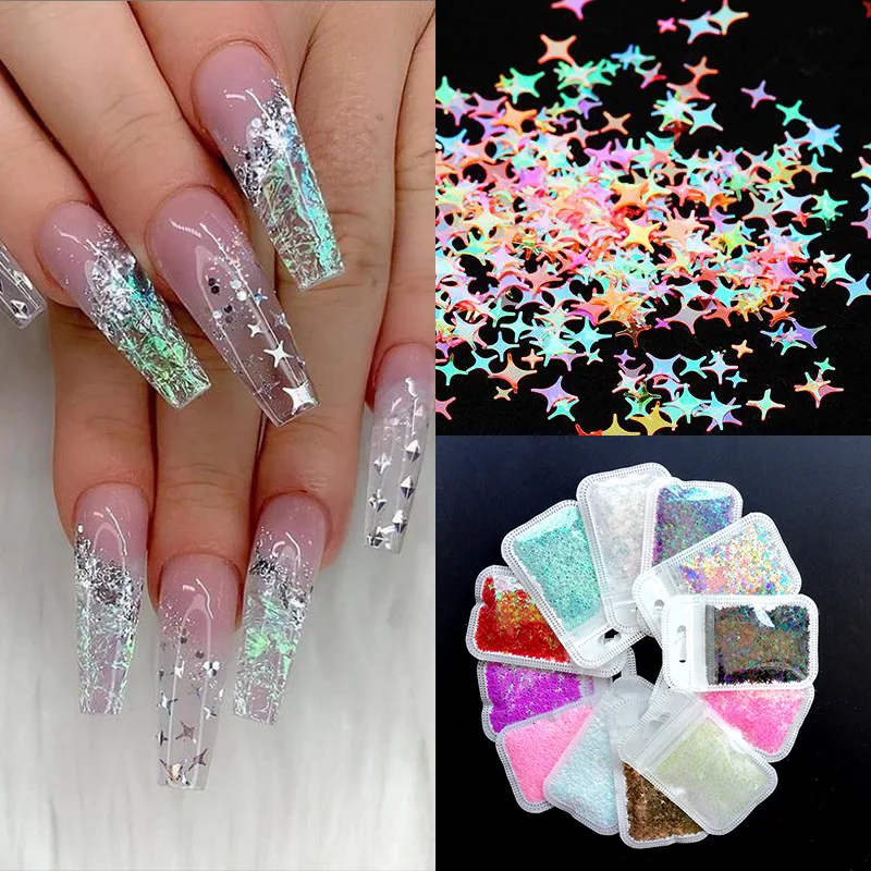 

10g Nail Art Decoration Symphony Laser Sequins Four-pointed Star Heterosexual Sequins Purple Bright Glitter Powder Tool Manicure