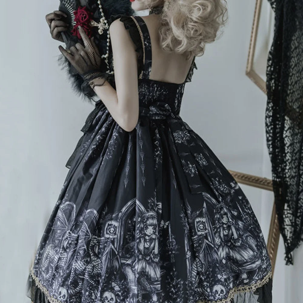 

Lolita Style Dress Spring Summer Fashion Hipster Designer Creative Printing Lace Bandage Bowknot High Waist Ruffle Sling Dress