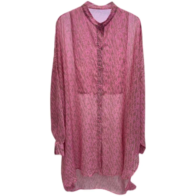 

QING MO Pink Women Chiffon Suit 2021 Summer Women Irregular Blouse + High Waist Straight Pants Women Fashionable Set ZQY7156
