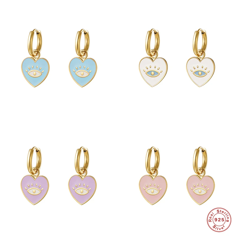 

Aide 925 Sterling Silver Colored Enamel Heart Charms Dangle Earrings For Women Cartoon Eye Pattern Heart Pendant Dangle Earrings