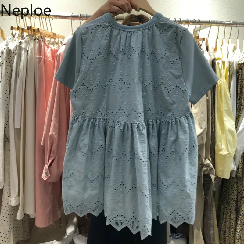 Neploe Ажурные кружевные лоскутные футболки Woomen новые с круглым вырезом и короткими