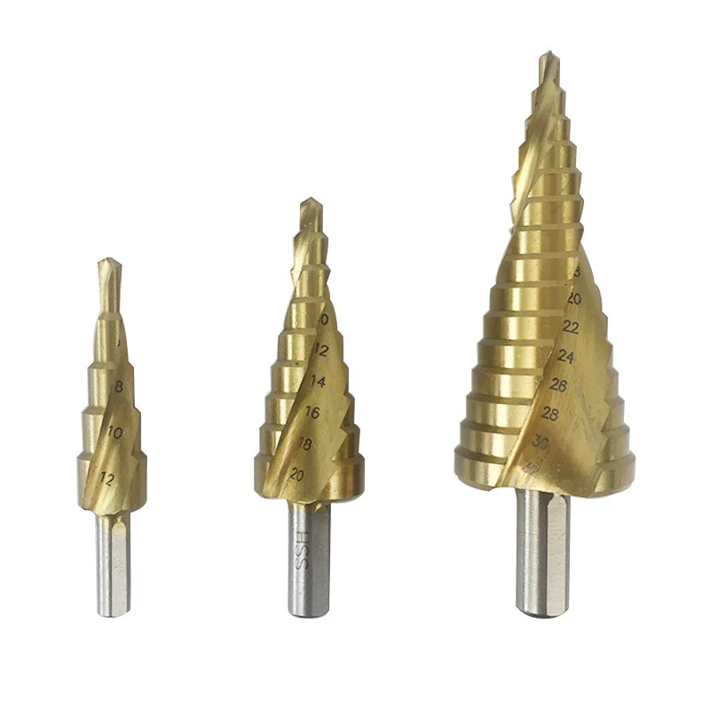 

3PC 4-12 4-20 4-32mmTriangular handle Titanium HSS Step Drill Bit Spiral Drill Bit for Wood Metal Hole Drilling Cone Drill Bit