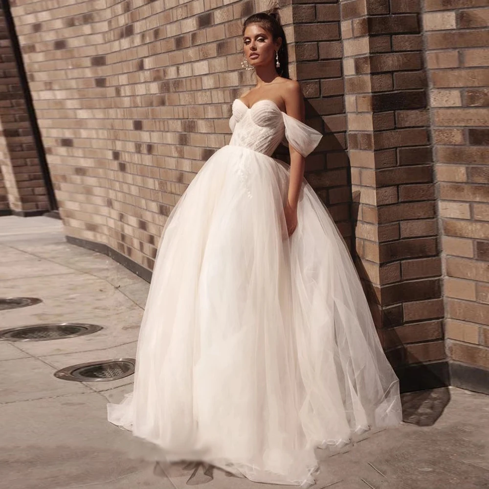 

Elegant Wedding Dresses Tulle Pleat Sweetheart Off-Shoulder Zipper Ball Bridal Gowns Noiva Do 2021 Party New