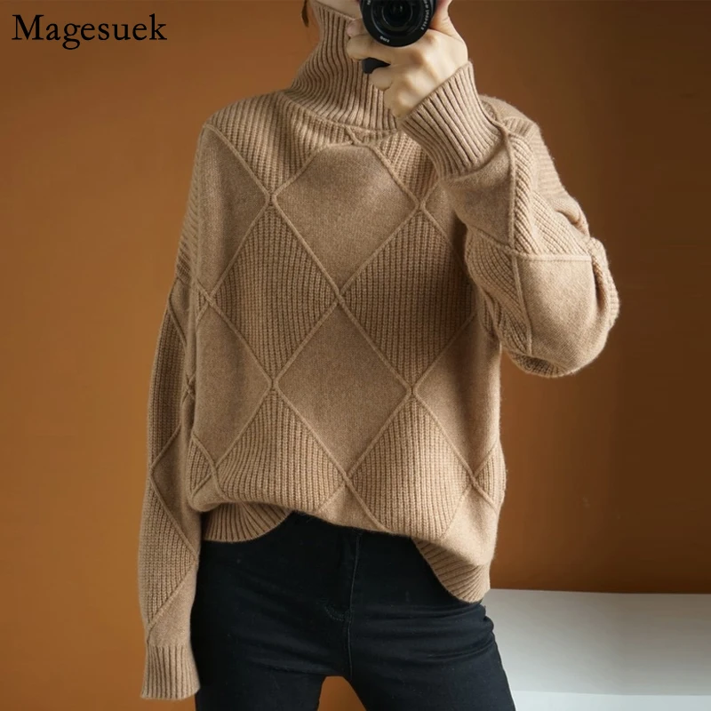 

Винтажный свитер с высоким воротником, кашемировый свитер, Женский однотонный вязаный пуловер, шерстяной свободный свитер большого размер...