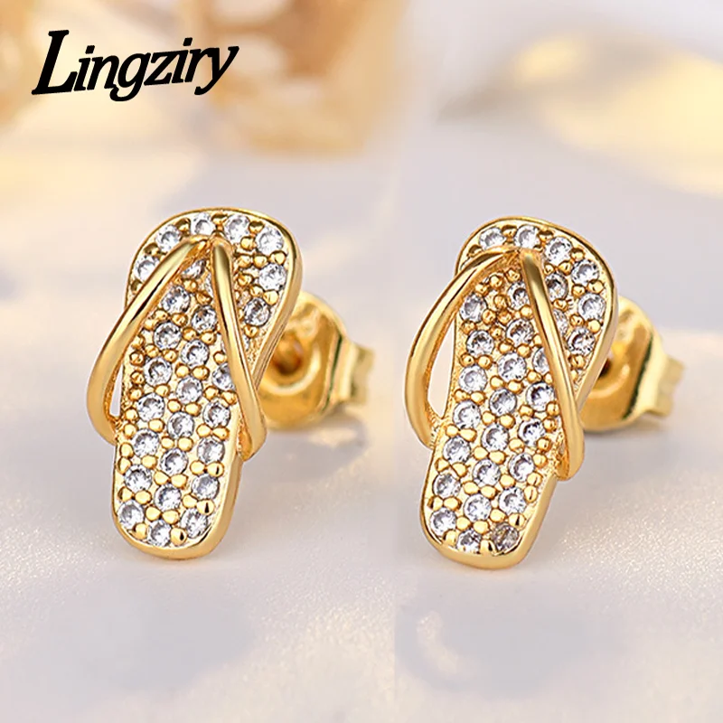 

Hot Inlaid Crystal Slippers Earrings For Women Gold Fashion Flip Flops Stereo Earrings Simple Earrings