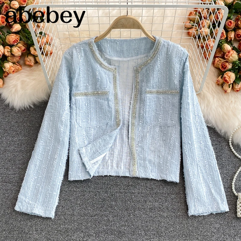 

2021 New Spring Autumn Temperament O-neck long sleeve Coat double pocket beaded decoration short cardigan Jacket Top