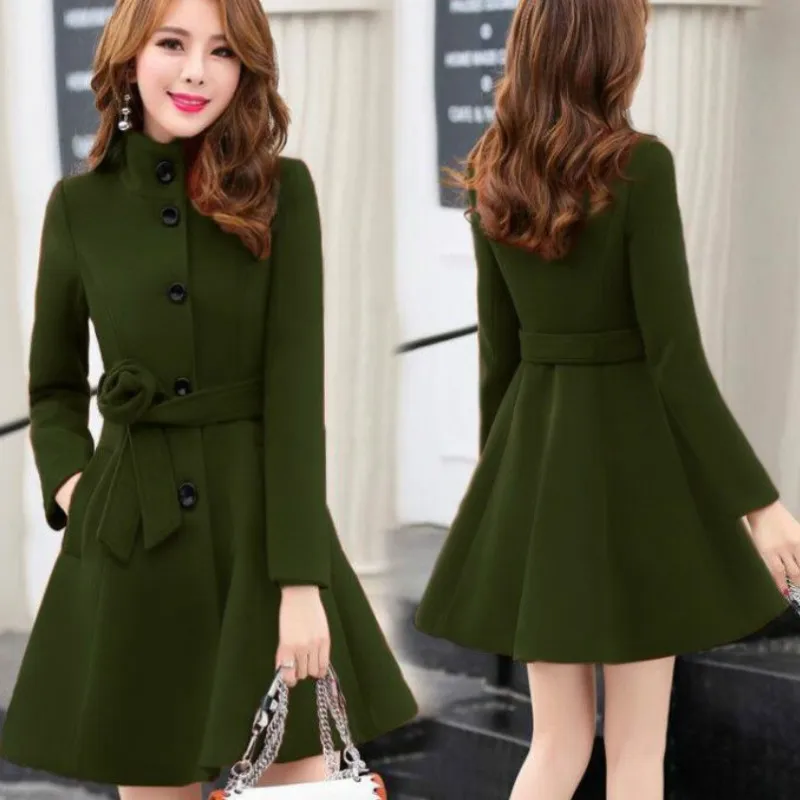 

2021 Women Autumn Elegant WarmWoolen Coat Slim Outerwear Winter New Clothing Female Korea Fashion Belt Woolen Blends Overcoat