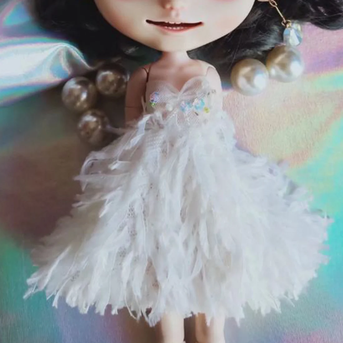 Белое платье Modikerbjd с имитацией перьев для куклы блайз ткань на заказ без и обруча