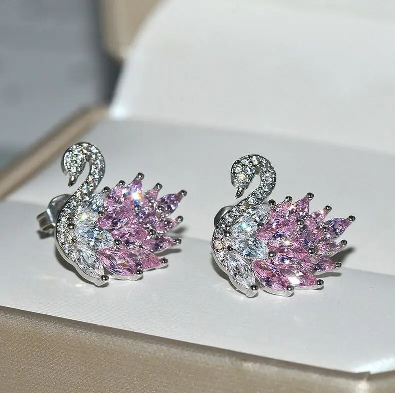 New Stunning Classical Animal Jewelry 925 Sterling Silver Three Color Marquise Cut 5A Cubic Zircon Party Swan Stud Earring Gift | Украшения
